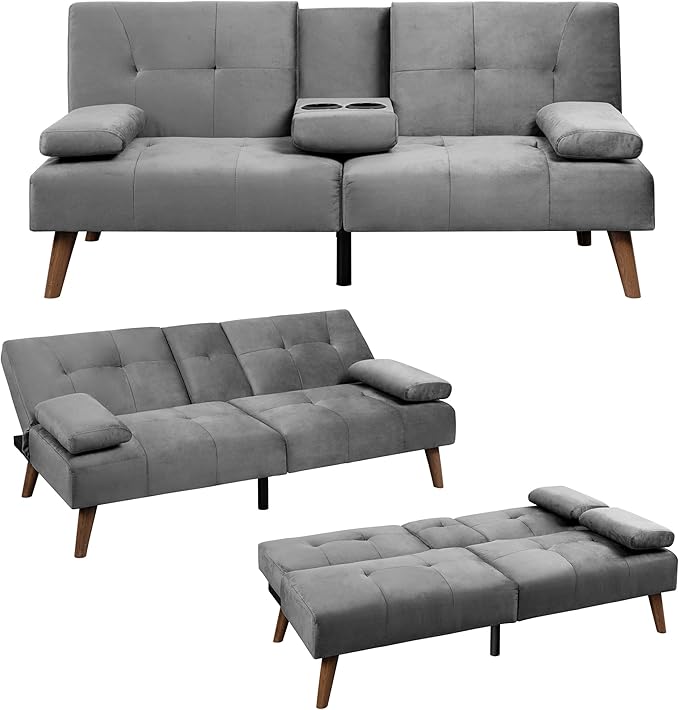 Meilocar Futon Sofa Bed Convertible Sofa Bed with Removable Armrests Adjustable Recliner for Small Space 2 Cup Holders 3 Angles Light Grey