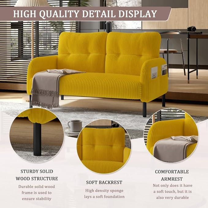 48 Small Loveseat Sofa for Small Space Corduroy Love Seat Couches with Black LegsComfy Couchs for Living Room Bedroom Apartment OfficeMid Century Modern Couch (Yellow)
