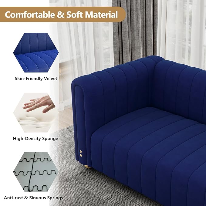 81.3'' Blue Velvet Modern Mid Century Deep Seat Sofa Oversized 3-Seater Loveseat Comfy Couch for Living Room and Apartment Furniture