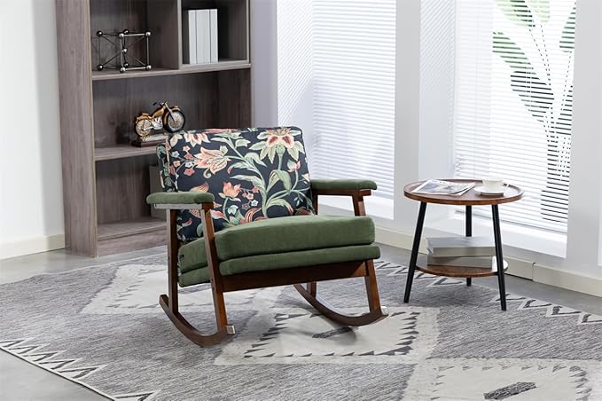 ZeHuoGe Mid Century Modern Accent Chair Rocking Chair with Wood Frame Upholstered Living Room Chairs Reading Armchair for Bedroom Sunroom (Antique Green)