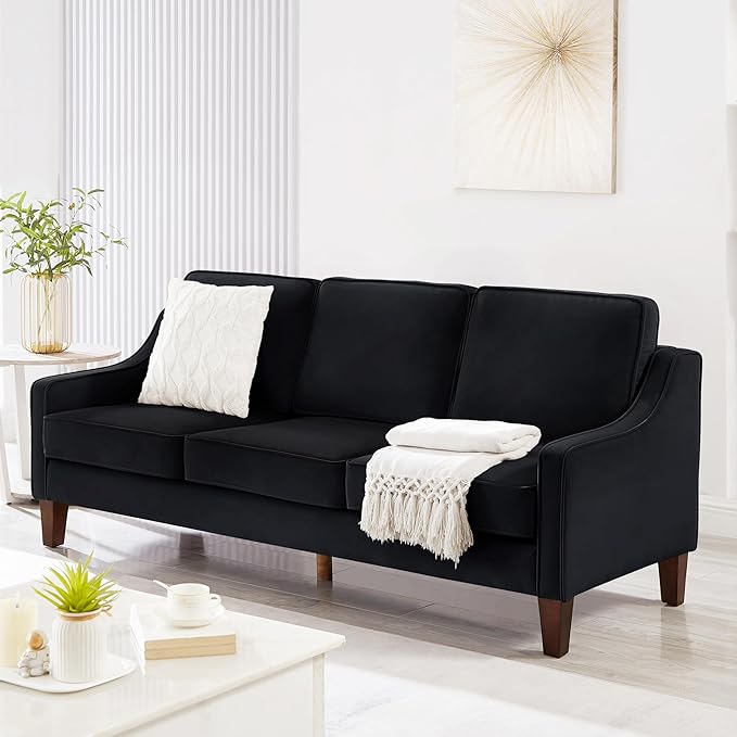 Velvet Upholstered Sofa with Wooden Legs3 Seater Couch with Removable Cushions for LivingroomApartmentOfficeBlack