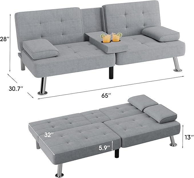 Flamaker Futon Sofa Bed Modern Folding Futon Set Linen Fabric Convertible Recliner Lounge for Living Room with 2 Cup Holders Removable Armrests (Fabric Light Grey)