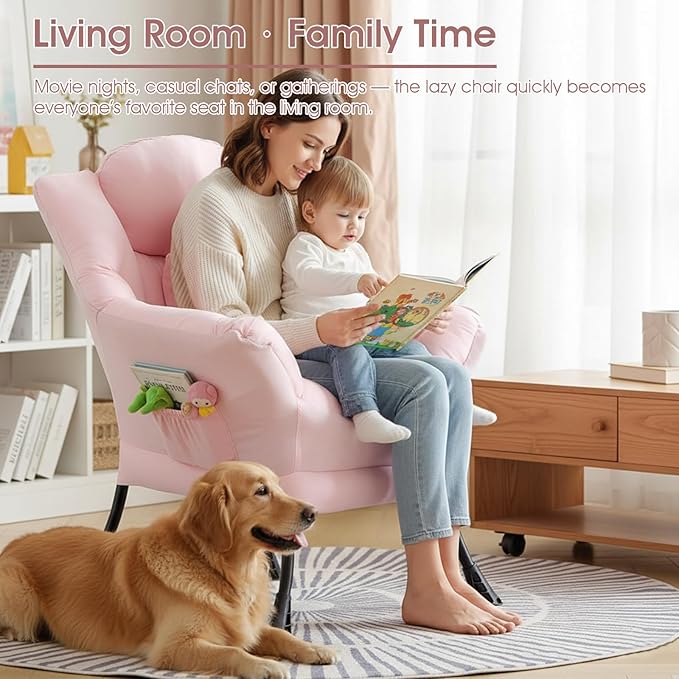 Lazy Chair for Living Room Large Pink Accent Chair with a Throw Pillow Leisure Sofa Chair Set Comfy Reading Chair for Bedroom Dorm Room Office