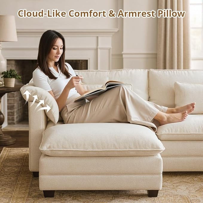 COMHOMA 153 U Shaped Sectional Sofa with Movable 2 OttomansComfy Cloud Modular Couch with Throw PillowsModern Chenille Deep Seat Sofa Couches for Living RoomBeige