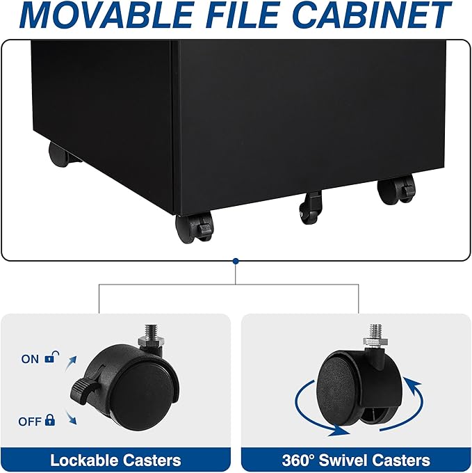 3 Drawer Mobile Metal File Cabinet Black Filling Cabinets with Lock Pre-Built Office Storage File Cabinet with Wheels Under Desk - Assembled Required