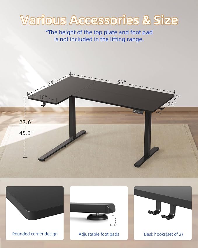 YIHAYO Reversiable L-Shaped Electric Standing Desk 55 Inches Adjustable Height Corner Desk Sit and Stand Up for Work Office Home Computer Table with Splice Board Black
