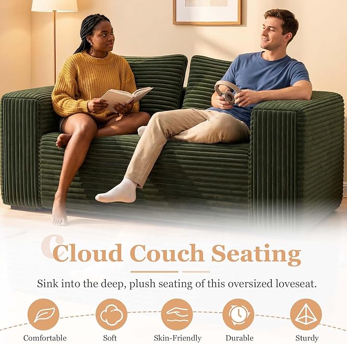 63 Green Boneless Couches for Living Room Compressed Sofa Couch in a Box Corduroy Memory Foam Floor Couch for Adults Memory Foam Deep Seat No Assembly Required (Green)