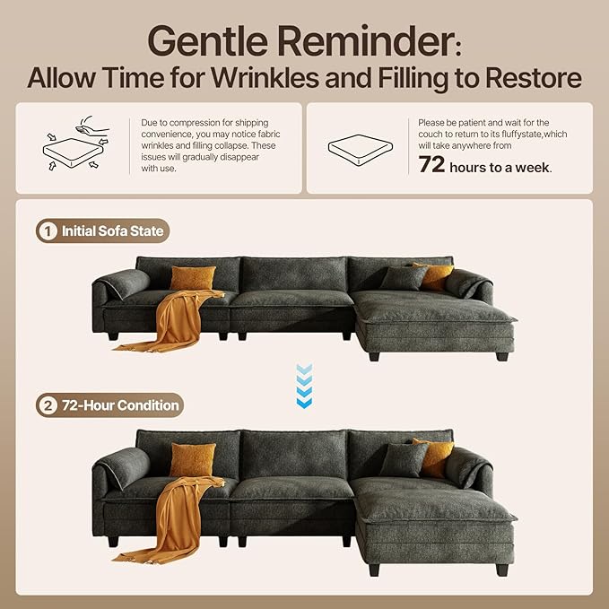 107 L Shaped Modular Sectional Cloud Couch with Pillow Deep Seat Sofa Couches for Living Room 4-Seat Modern Sofa with Movable Ottoman Comfortable Living Room Couch (Grey 107 Inch-L)