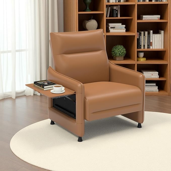 PU Leather Accent Chair Set Mid-Century Modern Living Room Armchair Sofa Descending Armrest Flip-Up Table Storage Pouch Rubber Feet for Living RoomOffice