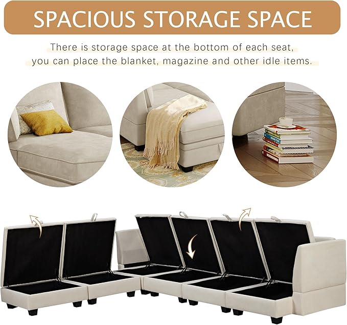 P PURLOVE Sectional Sofa Large Modular Sectional Sofa Convertible Couch with Reversible Chaise for Living Room with Plastic Legs (Beige)