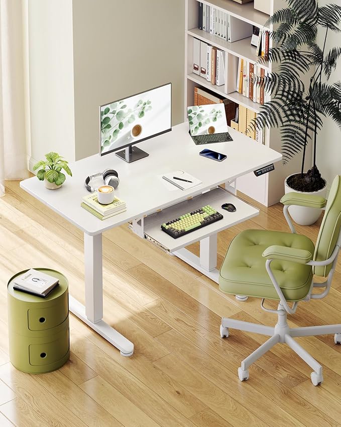 Casaottima Electric Standing Desk with Keyboard Tray 40 Inch Height Adjustable Small Table Sit Stand Table Writing Computer Desk for Home Office Workstation White
