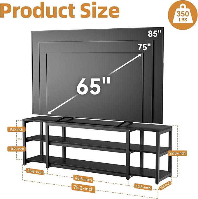 Aquzee 85 inch TV Stand Entertainment Center for 70 75 80 85 TV 75.2 Wide Wood Television Console Table for Living Room Bedroom Gaming Room Black