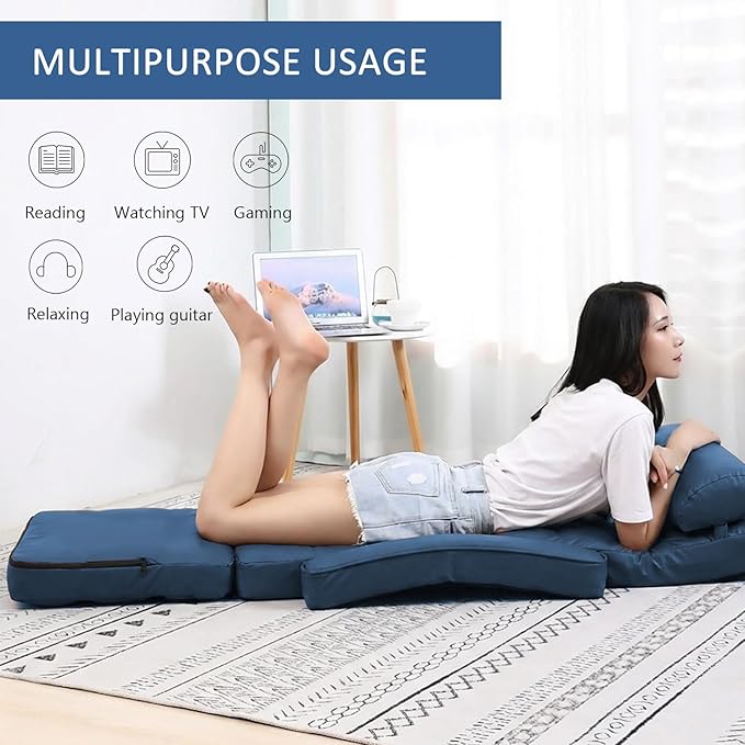 FLOGUOR 14-Position Adjustable Floor Chair Chaise Lounge Indoor Folding Lazy Sofa with Armrests and a Pillow Padded Adults Gaming Chairs for Living Room Bedroom Factory Price8803 (Blue（PU）)