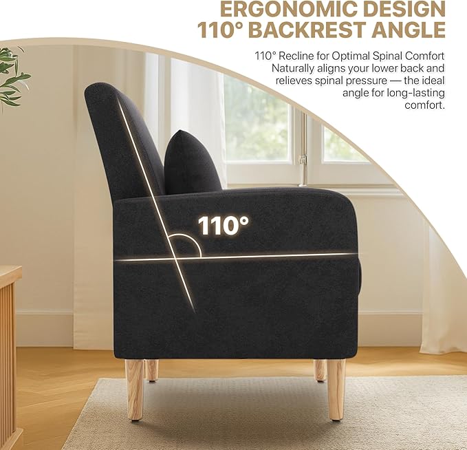 MoNiBloom Accent Chair with Back Pillow Upholstered Club Arm Chair Modern Living Room Chair with Wooden Legs for Bedroom Corner Living Room Reading Nook Black