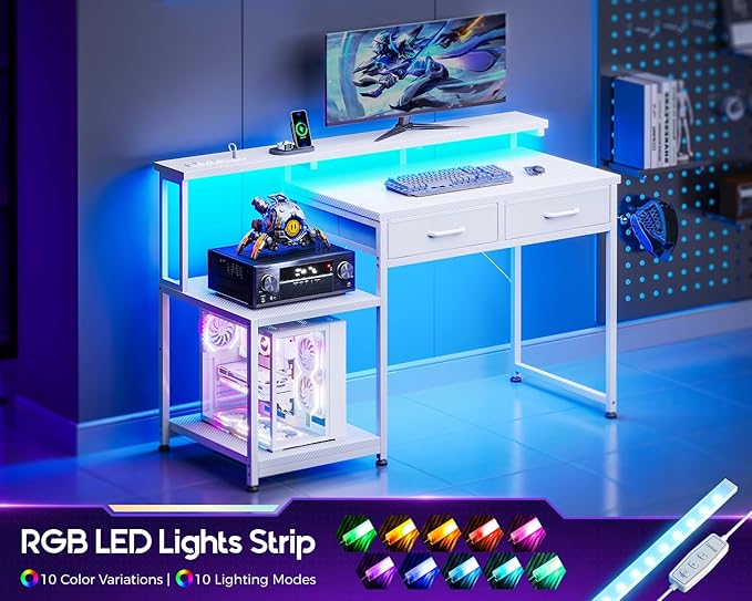 ODK Gaming Desk with Led Lights &amp Power Outlet 48 Inch Computer Desk with Drawers Office Desk with Large Display Storage Shelves Reversible Desk with Monitor Stand for Home Carbon Fiber White