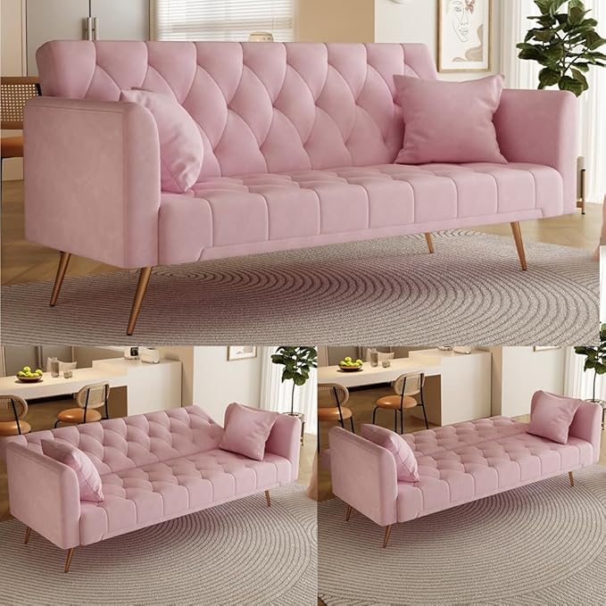 71 Convertible Velvet Futon Sofa Bed Loveseat with Multiple Adjustable BackrestsModern Sleeper Couch with Golden Metal Legs for Living RoomApartmentOfficePink