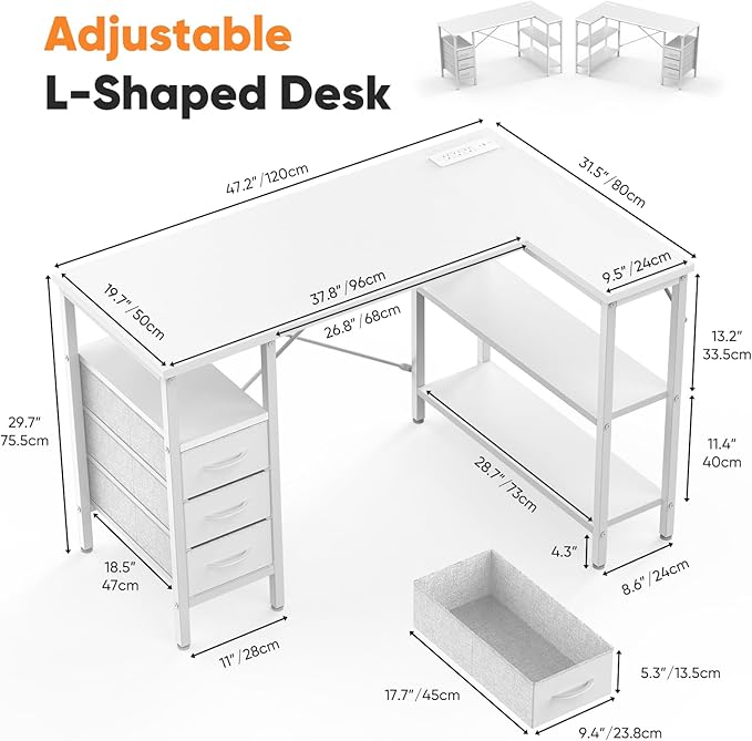 Simple Deluxe L Shaped Gaming Desk with Power Outlets 47 Inch Computer Desk with 3 Drawers Shelves Corner Computer Desk for Gaming Corner Work Home Office Study White