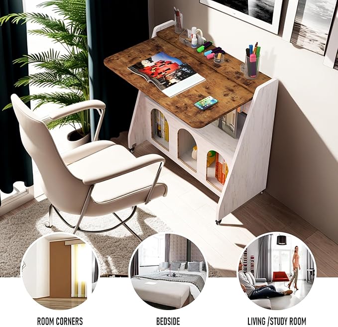 Pmnianhua Home Office Desk with WheelsMultipurpose Mobile WorkstationRolling Computer Writing Desk with 4 Lockable Wheels and Storage(Rustic Brown)
