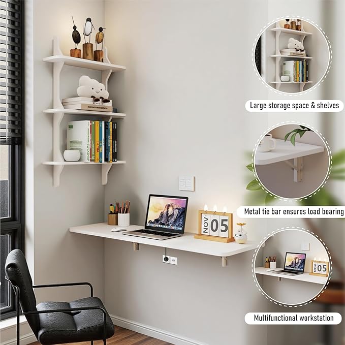 Pmnianhua Wall Mounted Folding Table 47'' Floating Laptop Desk with Shelves Foldable Drop Leaf Table Wall Mount Fold Down Table for Laundry Room Kitchen Bar Home Office Small Space(White)
