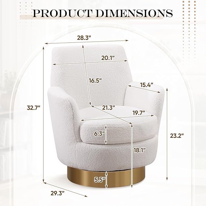 SLEERWAY 360° Swivel Barrel Chair Set of 2 28.3 Modern Teddy Round Accent Chair Comfy Upholstered Small Armchair with Gold Metal Base for Living Room Bedroom Nursery Office Sillas para Sala Ivory