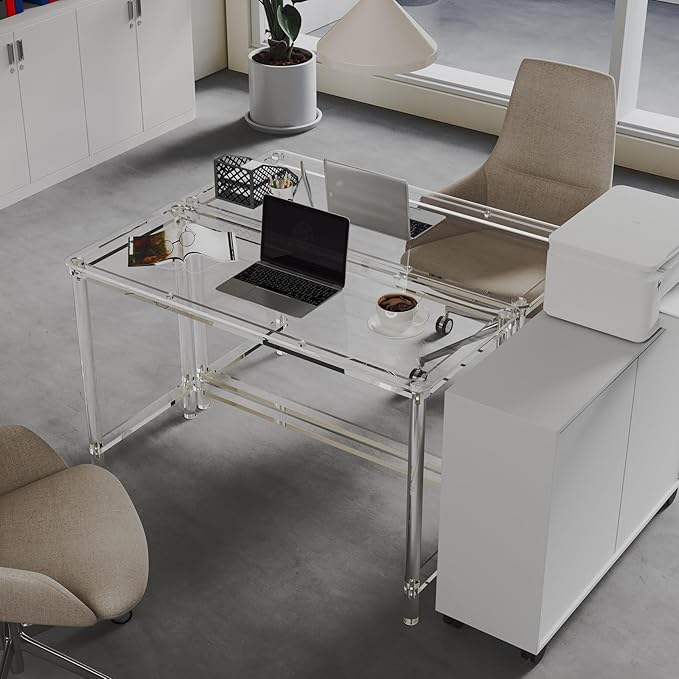 HMYHUM Acrylic Computer Desk 47 Inch Clear Home Office Desk for Laptop Study Writing Vanity Table with Cylindrical Legs Modern Easy Assembly