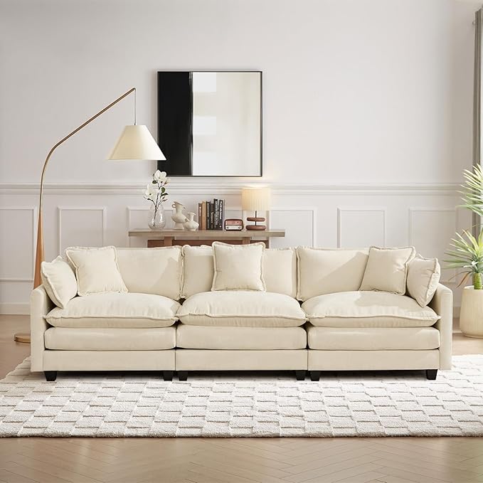 111.5” Modular Sectional Sofa Convertible Couches 3 Seater Chenille Deep Seat Cloud Couch with Pillows for Living Room Apartment Office(Beige)