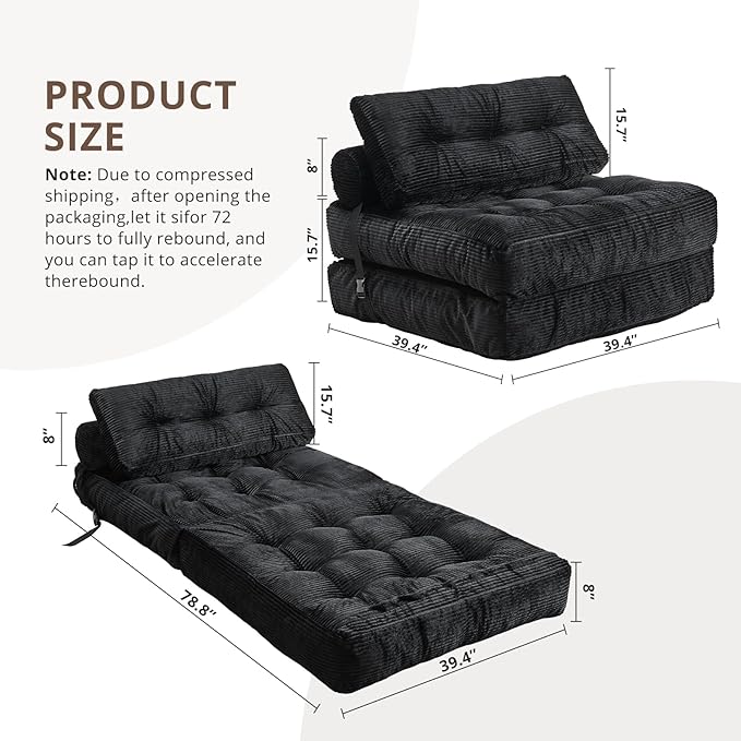 Folding Sofa Bed Convertible Sleeper Chair with Pillow Foldable Mattress with Back Support Portable Floor Sofa Lounge for Living Room Bedroom Dorm