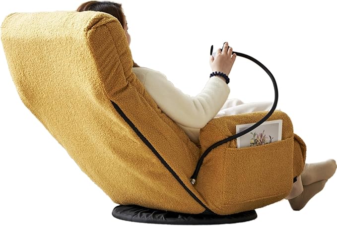 Gwen Upholstered 360° Swivel Chair Lounge Chair with Adjustable Backrest/Headrest Metal Frame Living Room Lounge Sofa and Phone Holder Comfy Bean Bag Chair Yellow