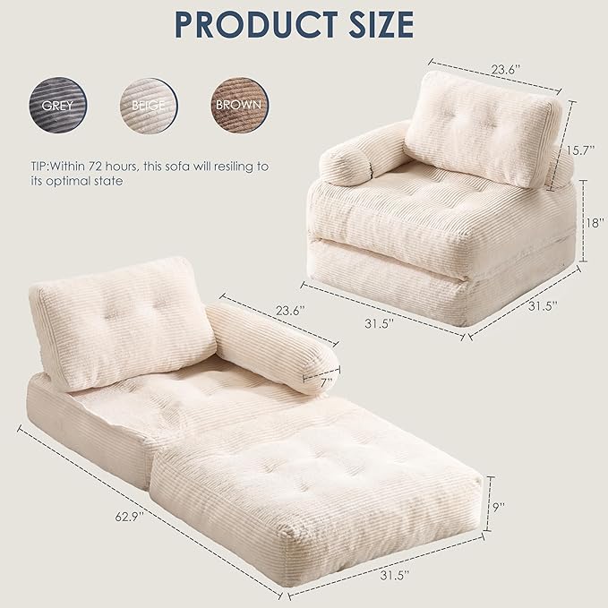 Folding Sofa Bed with ArmrestConvertible Sleeper Chair for Adults Folding Sofa Bed Foam Filling Couch with PillowSleeper Chairs Single Size Floor MattressWhite