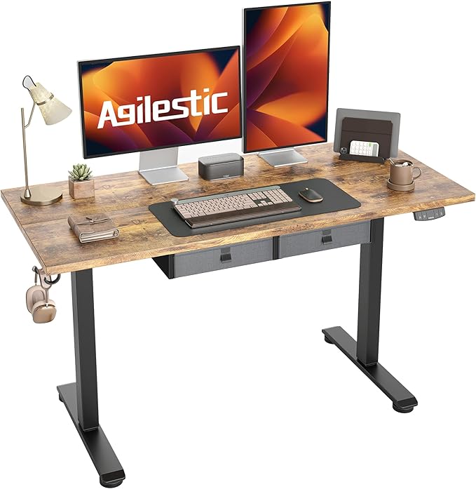 Agilestic Height Adjustable Desk with 2 Drawers 55 x 24 Inches Electric Standing Desk Stand up Computer Table with Memory Preset for Work Office Home Dark Brown