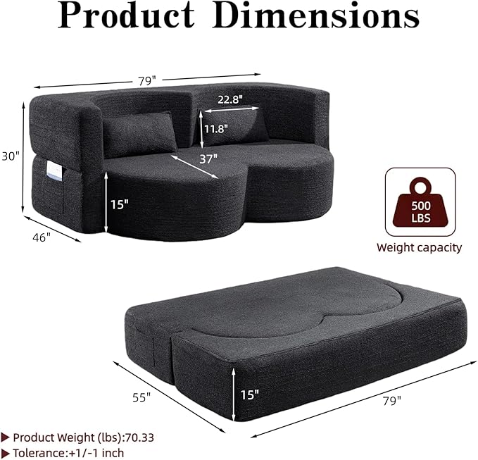 79 Convertible Folding Sofa Bed 2-in-1 Twin Size Loveseat Sleeper Couch with Two Pillows &amp Side Storage PocketsSpace-Saving | Design for Apartments &amp Living Room No Assembly(Black)