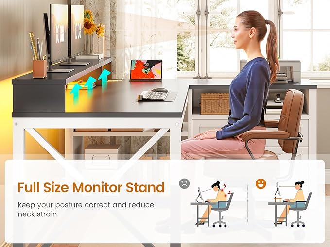 SEDETA Corner Computer Desk 55 L Shaped Gaming Desk with Storage Drawers and Power Outlet Farmhouse Corner Gaming Desk with Storage Shelves and LED Lights for Home Office Black
