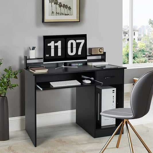 GORELAX Computer Desk with Hutch Wood PC Gaming Desk w/Drawers Open Storage Shelves Keyboard Tray Monitor Stand Student Desk for Bedroom Small Home Office Desk for Small Spaces (Black)
