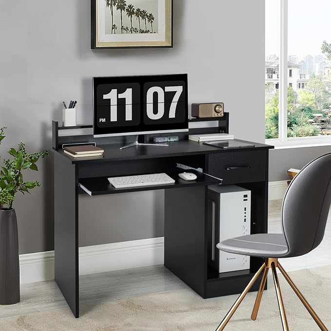Tangkula Computer Desk with Drawer &amp Keyboard Tray Modern Study Writing Desk with Desktop Hutch &amp Storage Shelves Home Office Wooden PC Laptop Desk Desk for Bedroom
