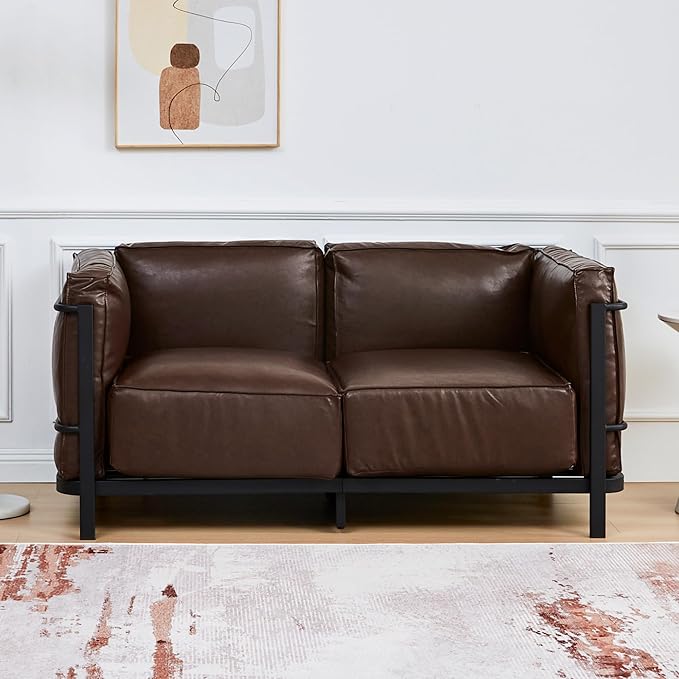 3 Piece Living Room Sofa set Mid-Century Modern Upholstered Couch Chair Faux Leather Sofa Couch with Iron Frame and Upholstered Armrest Backrest Cushion for Living Room Office Apartment (Brown)