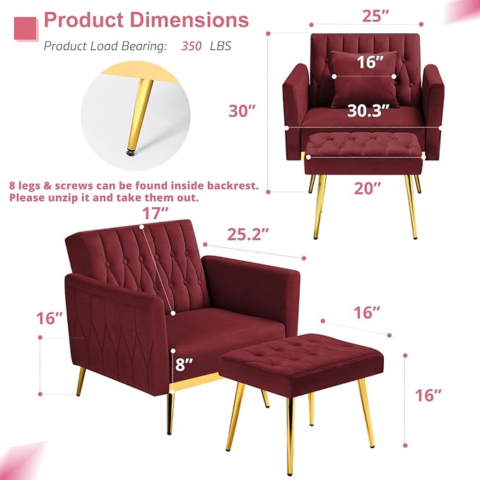 2 Pieces Velvet Sofa Set with Adjustable Armrest and Backrest 70” Convertible Futon Sofa Bed &amp Mordern Accent Chair with Ottoman for Living Room Bedroom Red