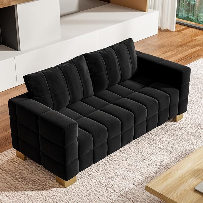 81.89 Sofa Comfy 3 Seat Sofa Tufted Chenille Upholstered Sofa Couch for Living Room with Gold Metal Legs and 2 Throw Pillows (Black（3+3）)