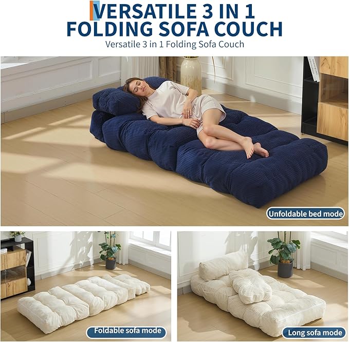 Folding Sofa Bed Convertible Sleeper Chair with Pillow Foldable Matress with Back Support Portable Fold Out Chair Bed Comfy Floor Sofa Lounge for Living Room Bedroom Navy Blue Single