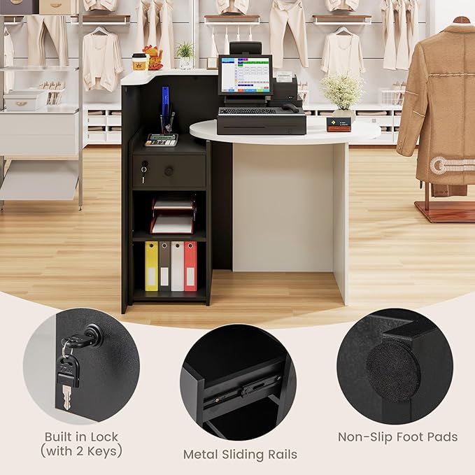 Reception Desk Small Retail Checkout Counter with Lockable Drawer and Open Shelves Wooden Front Desk Reception Counter Oval Desktop &amp L Counter for Store Office Lobby Salon (White &amp Black)