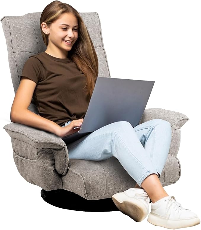 FLOGUOR 360 Degree Swivle Adjustable Floor Chair Chaise Lounge Indoor Folding Lazy Sofa with Armrests and Side Pocket Adults Gaming Chairs for Living Room Bedroom Factory Price 201 (BE)