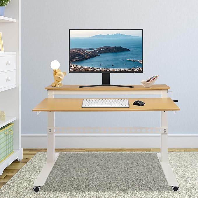 2-Tier Rolling Standing Desk with Wheels 15.75in Height Adjustable Hand-Cranked Standing Desk Manual Adjustable Desks for Home Office