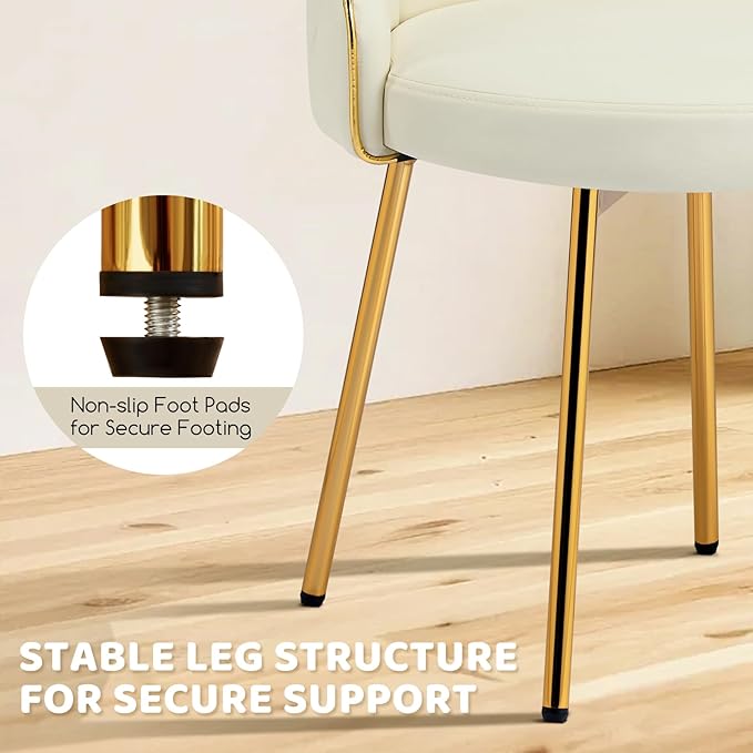 Cute Vanity Chair with Back Small Armless Leather Makeup Desk Chair No Wheels Modern Swivel Accent Vanity Stools with Gold Legs for Vanity Bedroom Dress Room Beige