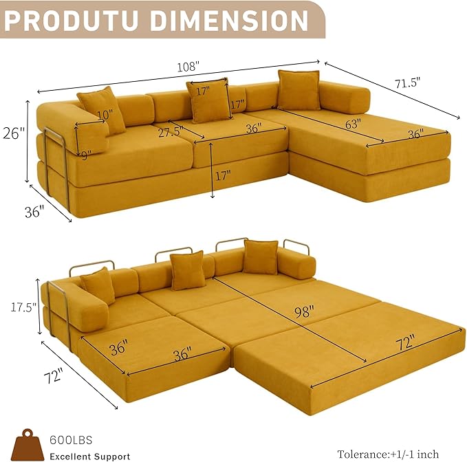 108 W Corduroy Modular Cloud Couch with Fixed-Shape Frame Oversized L-Shaped Sectional Sleeper Sofa Bed with Pull Out Bed No Assembly Modern Floor Boneless Couch for Living Room (Yellow)