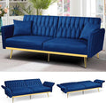 70” Velvet Futon Sofa Bed w/Adjustable Armrests and Backrest Convertible Futon Couch w/2 Pillows Modern Sleeper Bed for Living Room Bedroom Blue