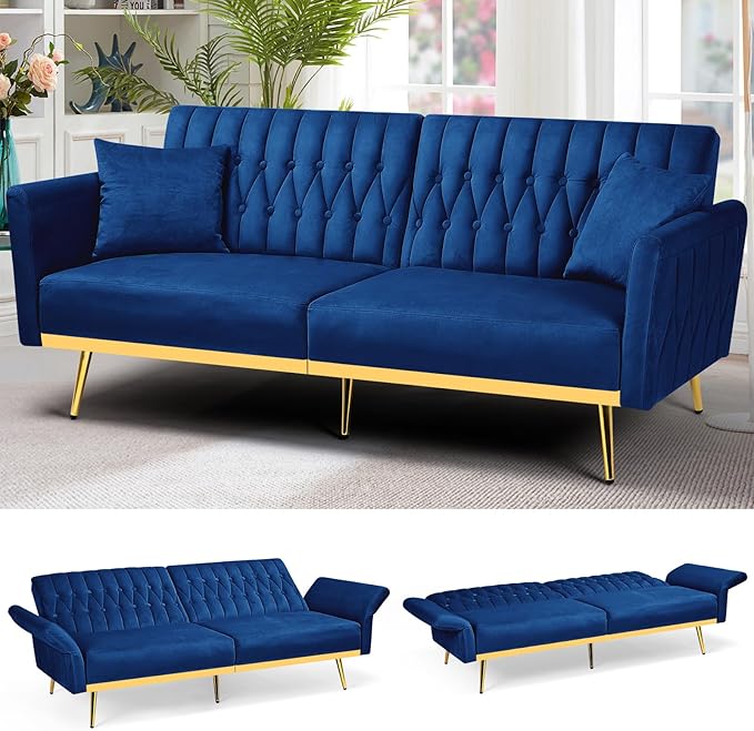 70” Velvet Futon Sofa Bed w/Adjustable Armrests and Backrest Convertible Futon Couch w/2 Pillows Modern Sleeper Bed for Living Room Bedroom Blue
