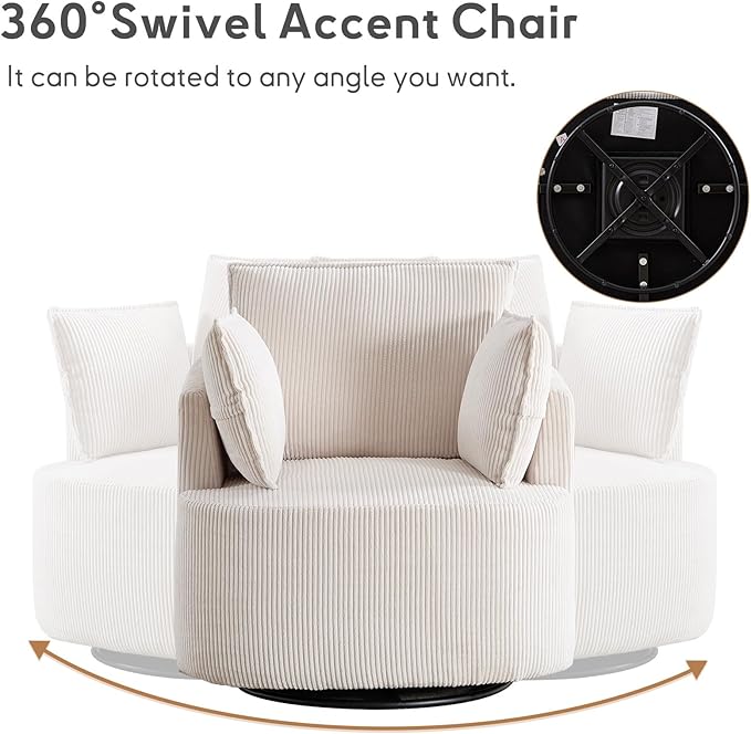 Bonzy Home 360° Swivel Accent Chair Comfy Corduroy Swivel Barrel Chair with 2 Soft Pillows Single Sofa for Living Room Bedroom Beige