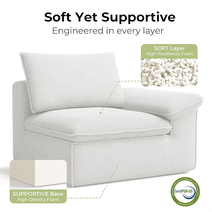 LIKIMIO 120 L-Shaped Modular Sectional Sofa Cloud Sectional Couch with Deep Seat Comfy Teddy Upholstery Oversized 3-Seater with Ottoman Boneless Couch for Living Room No Assembly White