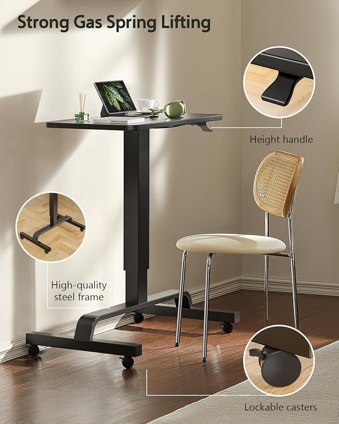 KINGSMITH Height Adjustable Mobile Standing Desk with 360° Swivel Casters 29-45 Pneumatic Rolling Desk on Wheels Perfect for Home Office Bedroom Living Room Black