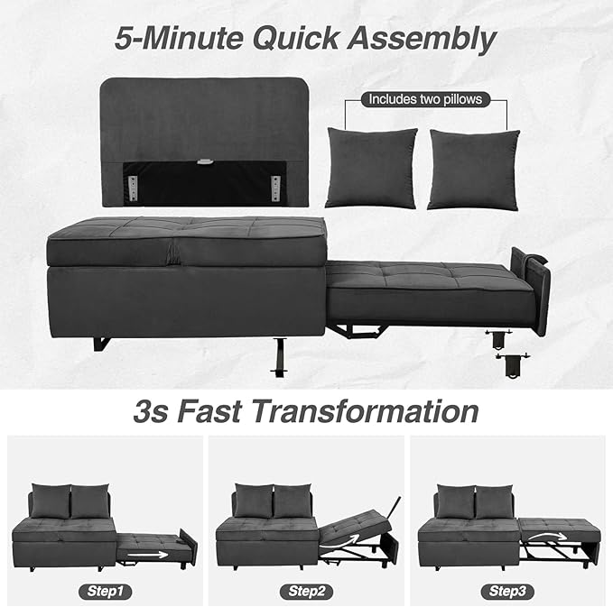 Sleeper Sofa Bed Convertible 4-in-1 Pull Out Couch with 5 Adjustable Backrest Modern Velvet Sofa with USB Ports &amp Storage Pocket (Includes Pillow) for Living Room BedroomApartment Dark Grey