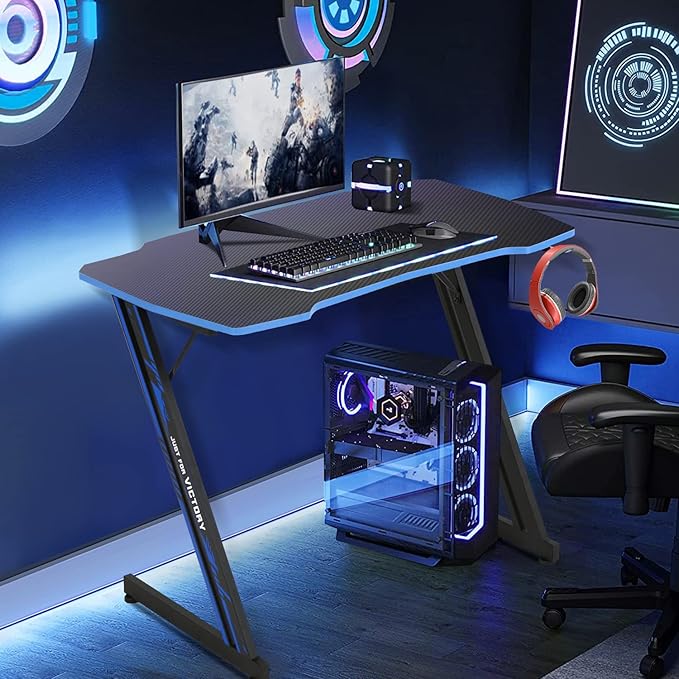 Dkelincs Gaming Desk 39.4 inch Z-Shaped Computer Desk PC Computer Table Home Office Desk Ergonomic Gamer Workstation with Headphone Hook Blue